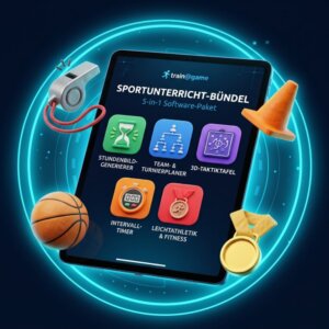 3D-Grafik des train@game 5-in-1 Sportunterricht-Bündels: Tablet zeigt die 5 Web-Apps (Stundenbild-Generierer, Team- & Turnierplaner, 3D-Taktiktafel, Intervall-Timer, Leichtathletik & Fitness), umgeben von Trillerpfeife, Basketball, Pylone und Goldmedaille.