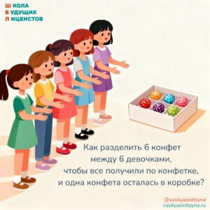 Как разделить 6 конфет между 6 девочками так, чтобы 1 конфета осталась в коробке