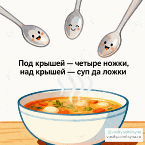 Под крышей - 4 ножки, над крышей - суп да ложки