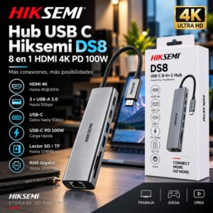 Hub USB C Hiksemi DS8 8 en 1 HDMI 4K PD 100W