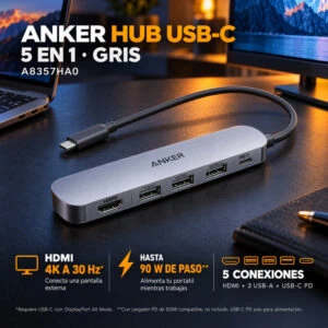 Hub Anker USB-C 5 en 1 con HDMI 4K Gris A8357HA0