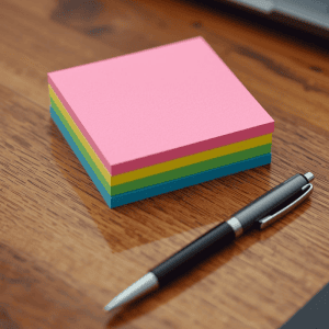 Stack of sticky notes on a wooden desk next to a pen