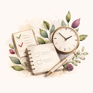ADHD executive function support illustration with planner, checklist, and clock