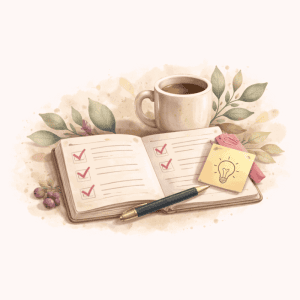 ADHD overwhelm reset illustration with checklist, coffee and calming workspace