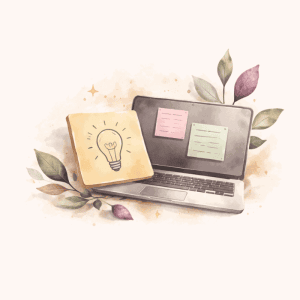 ADHD working memory support illustration with laptop and sticky notes for reminders