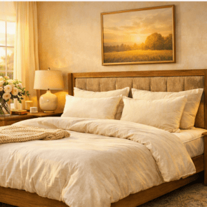 Soft wool pillow on bed in a cozy bedroom setting
