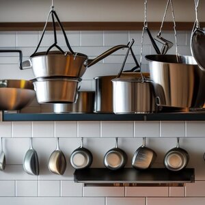 organizing a kitchen by hanging pots and pans