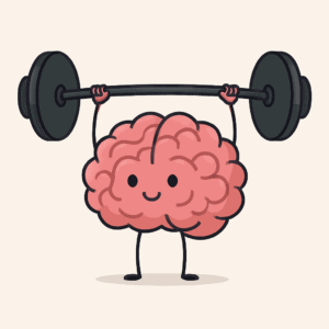 Healthy happy cartoon brain lifting weight over head.