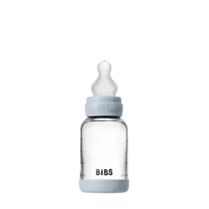 Bibs – Biberon en verre rond avec tétine en silicone débit lent 120ml – Baby Blue