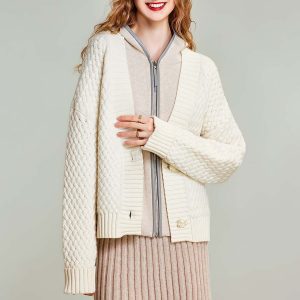 Custom Women's White Flower Knit Cardigan Loose Warm Sweater