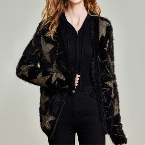 Custom Women's Star Pattern Cardigan Luxury Fluffy Knit Sweater