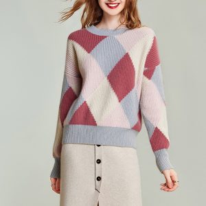 Custom Women's Plaid Pullover Sweater Contrast Color Sweet Knit