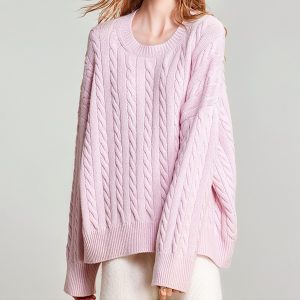 Custom Women's Pink Cable Knit Pullover Soft Cashmere Sweater