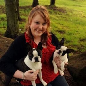 A woman with her two boston terriers. Boston Terrier model