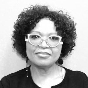 A black and white photo of CW executive director Lebogang Ramafoko