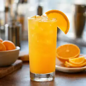 Buzlu bardakta portakal dilimi ile süslenmiş Screwdriver kokteyli