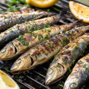 Izgarada pişmiş, limon ve maydanozla süslenmiş taze sardalyalar