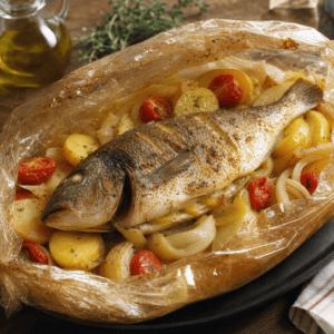 Patates, soğan ve domatesle fırın poşetinde pişmiş çipura