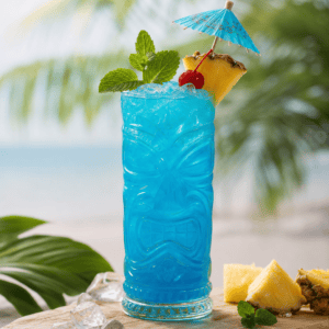 Ananas dilimi ve nane ile süslenmiş mavi renkli alkolsüz tropikal kokteyl