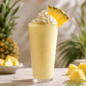 Krema ve ananas dilimiyle süslenmiş ananaslı milkshake