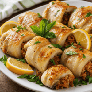Pirinç pilavı ile sarılmış, fırında pişirilmiş balık sarma, nane yapraklarıyla süslenmiş