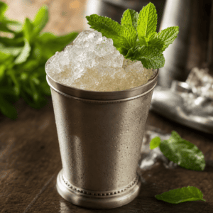 Ezilmiş buz üzerinde nane dalıyla süslenmiş, brendi ve taze naneyle hazırlanmış Brandy Julep kokteyli