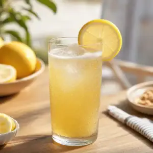 Buzlu, limon dilimi garnitürlü bir bardakta servis edilen bira ve limonata karışımı Shandy içeceği