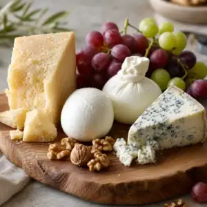 Parmigiano Reggiano, mozzarella, burrata ve Gorgonzola içeren İtalyan peynir tabağı