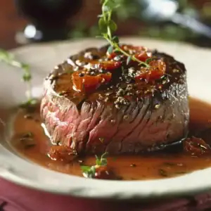 Karabiber kabuğuyla mühürlenmiş biberli dana fileminyon (steak au poivre) tabakta kremalı sosuyla servis edilmiş hali