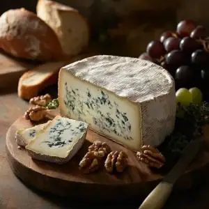 Roquefort peyniri: kesilmiş bir dilimde görünen mavi-yeşil küf damarları, yanında ceviz ve üzüm