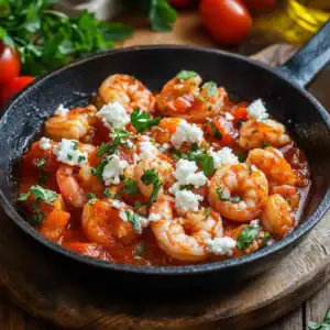 Domates ve feta peyniriyle hazırlanan Karides Saganaki