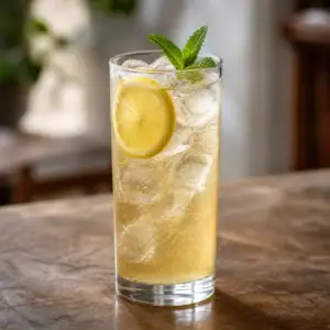 Uzun bardakta buzlu, limon dilimli ve naneli Lynchburg Lemonade
