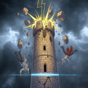 L'Arcane XVI La Maison Dieu (La Tour) du Tarot, un bâtiment foudroyé Interprétation complète de l'Arcane de La Roue de Fortune : ses significations dans les tirages et l'idée de mouvements inéluctables. avec des figures qui tombent, symbole de la destruction, de la révélation soudaine et de la rupture.