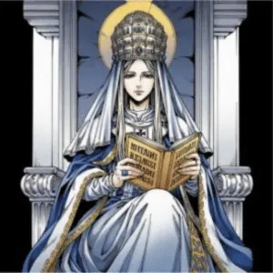 L'Arcane II La Papesse du Tarot, assise sur un trône, lisant un livre, symbole de la sagesse et du savoir caché.