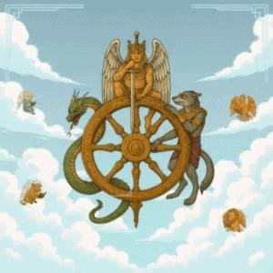 L'Arcane X La Roue de Fortune du Tarot, représentant une roue avec des figures qui montent et descendent, symbole des cycles, du destin et du changement.