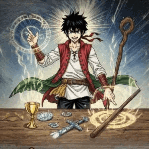 L'Arcane I du Bateleur du Tarot, illustré avec ses outils symboliques : la coupe, l'épée, le denier et le bâton.