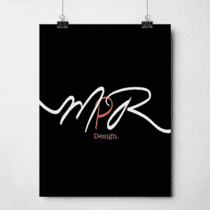 MPR Design logo on a black poster. White and coral stylized text.
