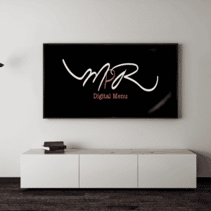 Digital menu on a TV screen displaying a stylized "MPR" logo in a modern living room setting.