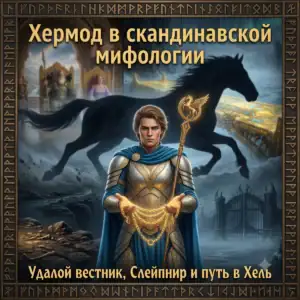 Постер с Хермодом, держащим кольцо Драупнир, на фоне силуэта Слейпнира и ворот Хельхейма.