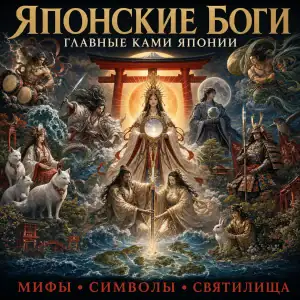 Японские боги и главные ками Японии на фоне ворот тории