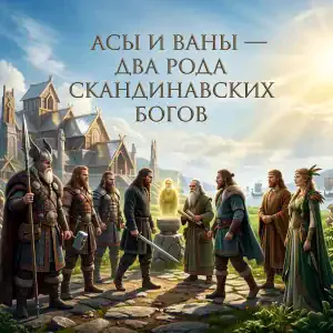 Асы и Ваны — два рода скандинавских богов, Один, Тор и божества плодородия на фоне Асгарда.