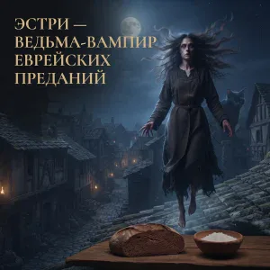 Эстри — ведьма-вампир еврейских преданий с развевающимися волосами над крышами ночного города, чёрной кошкой, хлебом и солью.