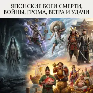 Японские боги смерти, войны, грома, ветра и удачи — Идзанами, Райдзин, Фудзин, Хатиман и семь богов счастья.