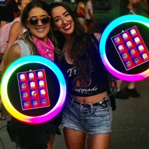 Interactive Roamer Booth with colorful LED rings and touchscreen display.