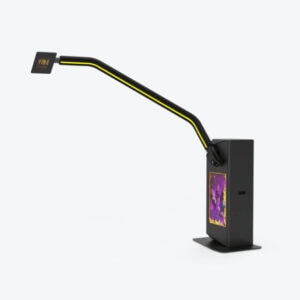 LED photo booth with colorful display screen and adjustable arm.