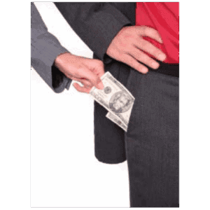 Person slipping money into someone's pocket.
