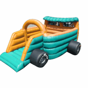 Colorful race car bounce house for children's parties and events in Los Angeles.