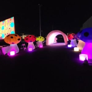 LED mushroom-shaped lights illuminated in vibrant colors at night. Perfect for enhancing outdoor eve.