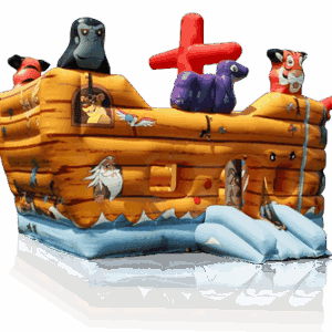 Inflatable pirate ship with animal characters for kids' parties and events.