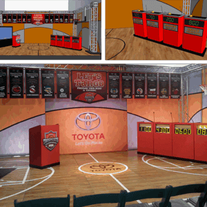 Interactive gameshow setup with digital scoreboards and basketball hoops for corporate and private e.